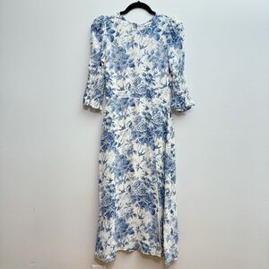 REFORMATION Carolena Floral Print Midi Dress White & Blue Slit Womens Size 4P